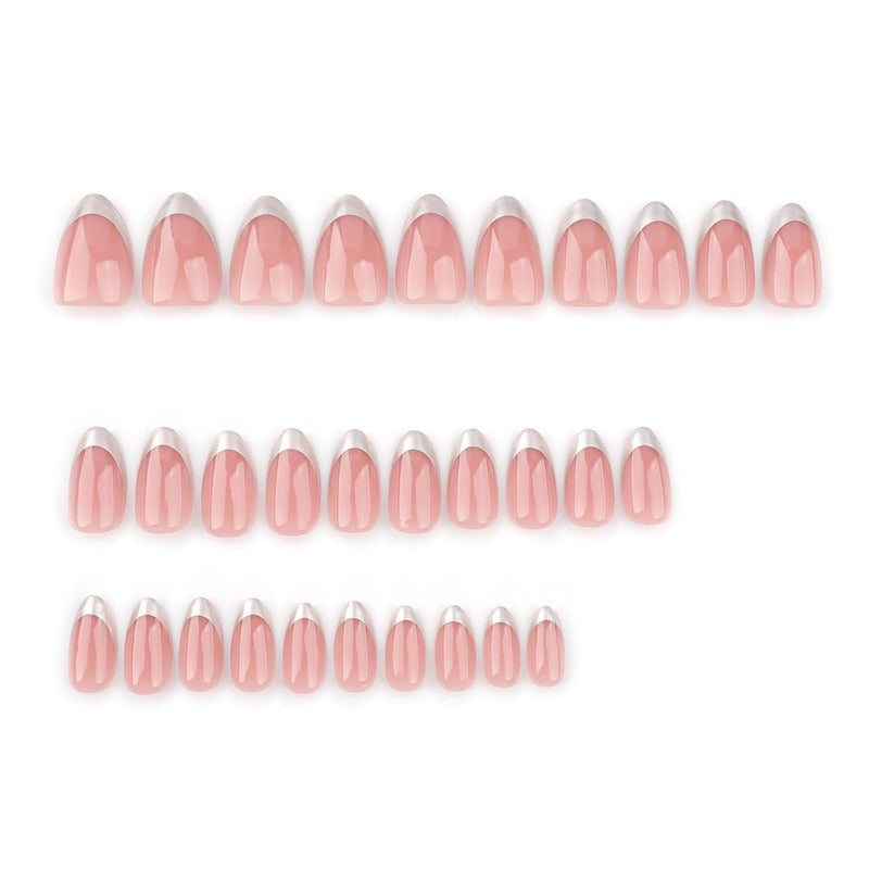 CTTHNBD Almond Press on Nails Short Fake Nails Silver French Tip with Glossy Design Full Cover Stick on Acrylic False Nails for Women Manicure 24Pcs - Image 2